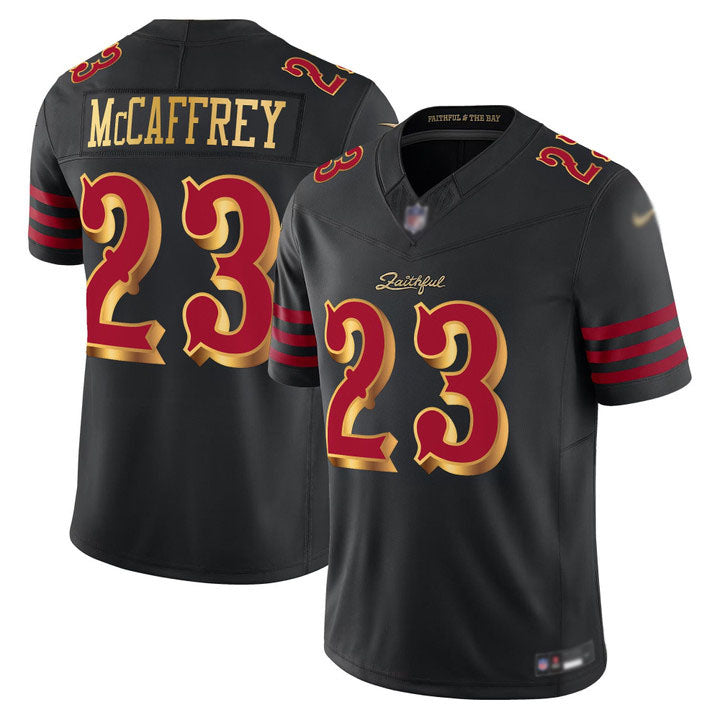 Men's San Francisco 49ers #23 Christian McCaffrey 2025 Rivalries Black Vapor Limited Stitched Jersey
